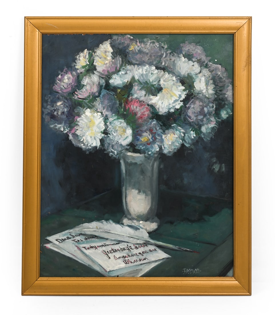JAMES R. PASCUCCI (1928-2015) STILL LIFE O/B: Signed on bottom right hand corner. Oil on board. Dimensions: (Frame) H 32" x W 26" (Board) H 28" x W 22" Condition: Scuffs on frame and discoloration on board. Board is also loose from the frame.