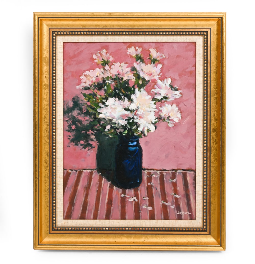 JAMES R. PASCUCCI (1928-2015) STILL LIFE A/C: Titled "Blue bottle and flowers" on verso. Signed lower right. Dimensions: (frame) H 21" x W 17" (canvas) H 16" x W 12" Condition: Wear consistent with age.