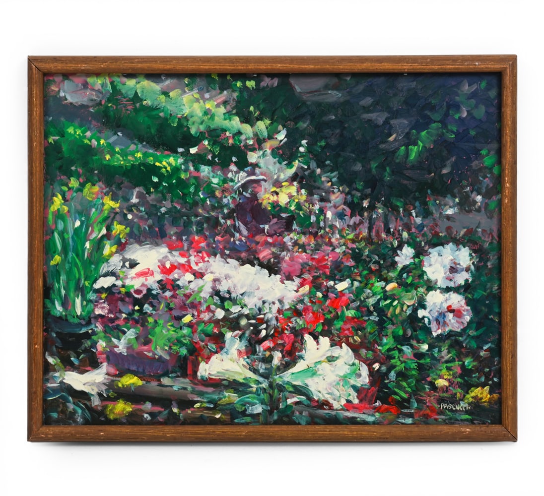 JAMES R. PASCUCCI (1928-2015) O/B PAINTING: Signed on bottom right hand corner. Oil on board. Dimensions: (Frame) H 15.25" x W 19.25" (Board) H 14" x W 17.75" Condition: Scuffs and discoloration on frame. Wear consistent with age.