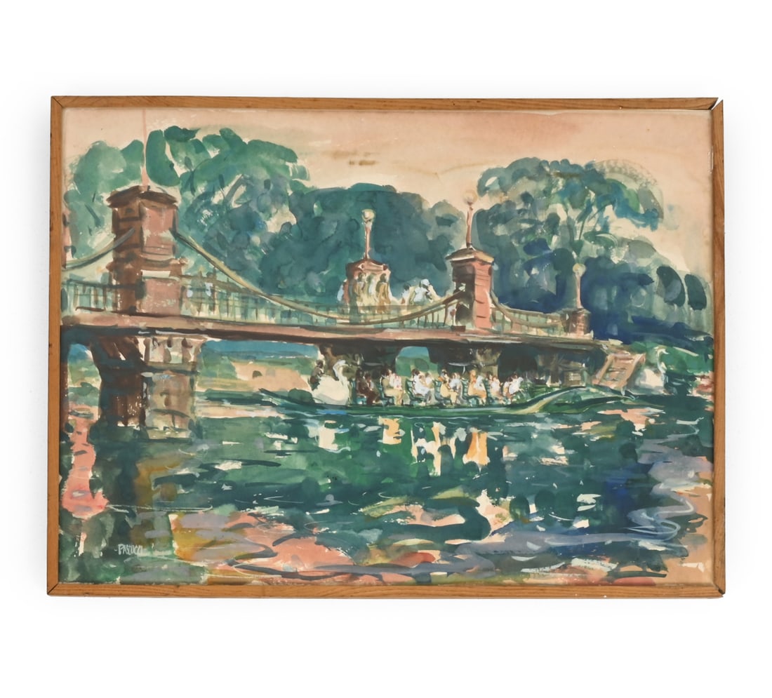 JAMES R. PASCUCCI (1928-2015) LANDSCAPE WATERCOLOR: Signed lower left. Dimensions: (Frame) H 23" x W 30.75" (Sight) H 22" x W 29.75" Condition: Wear consistent with age. Soiling, scuffs, rubs, fading to frame and glass. Buckling to surface.