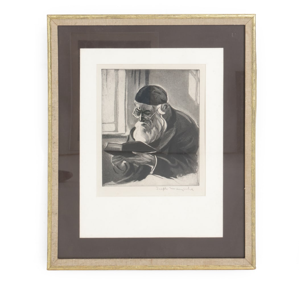 JOSEPH MARGULIES (1896-1984) AQUATINT PORTRAIT: Portrait of a man studying. Titled "Man of Faith". Signed lower right. Black and white aquatint. Dimensions: (Frame) H 21.5" x W 17.5" (Sight) H 11" x W 9" Condition: Age toning, rubs to frame, wear