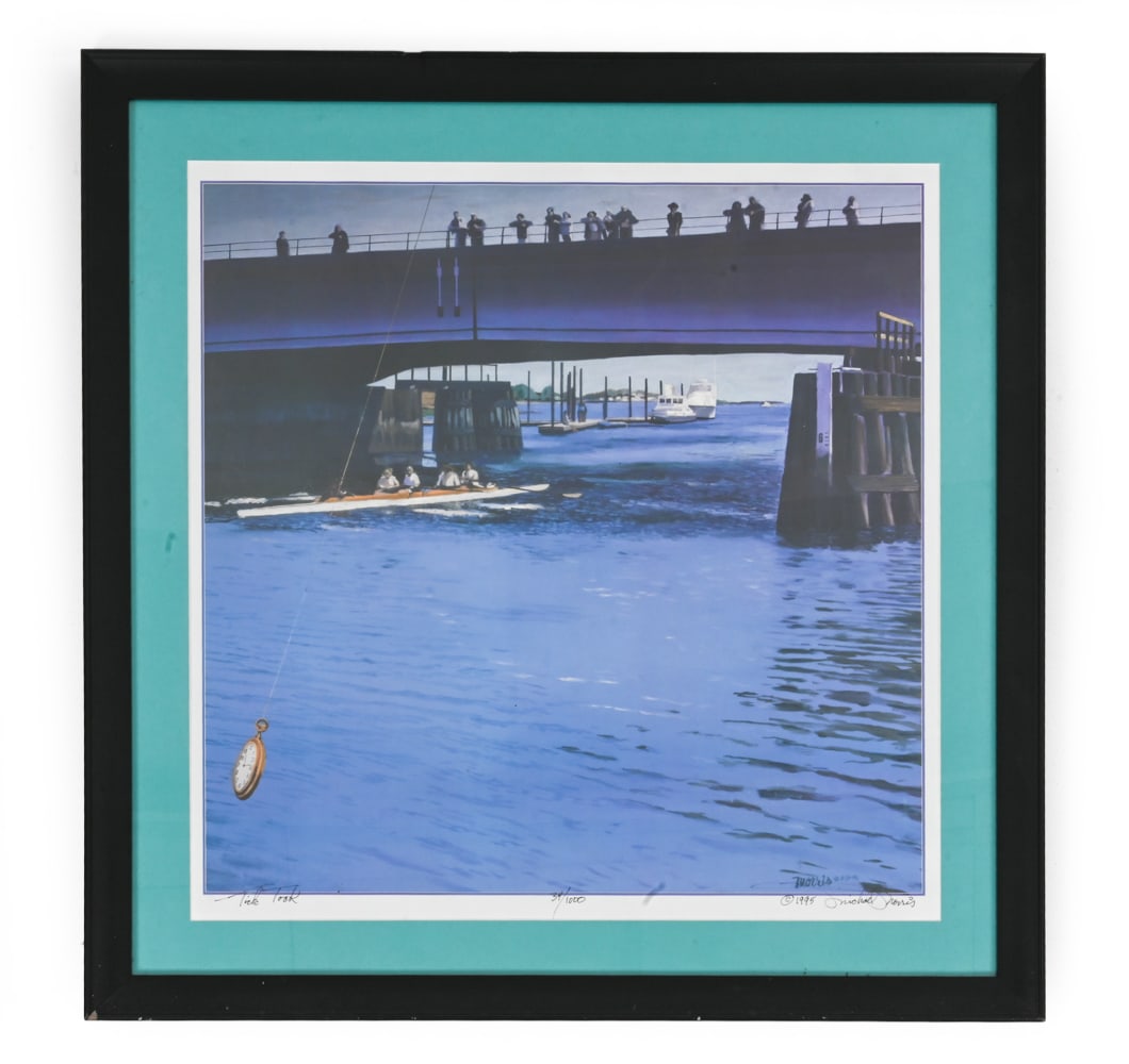 MICHAEL MORRIS (BRITISH-CANADIAN, 1942-2022) PRINT: Tilted "Tick Tock", numbered 34/1000, signed, dated 5-21-1995 lower margin. Bethel photoworks label on verso. Dimensions: (Frame) H 31" x W 30.5" (Sight) H 24.25" x W 24" Condition: Wear consistent