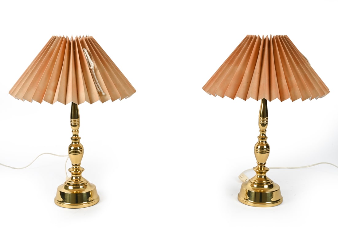 PAIR SCANDI-LAMP SWEDISH BRASS TABLE LAMPS 1970S: Marked underneath. Type "B-42". Brass with pleated shades. Sweden, circa 1970s. Dimensions: (w/shade) H 21" x Dia. 15" Condition: Showing signs of wear including light pitting and small split to base 