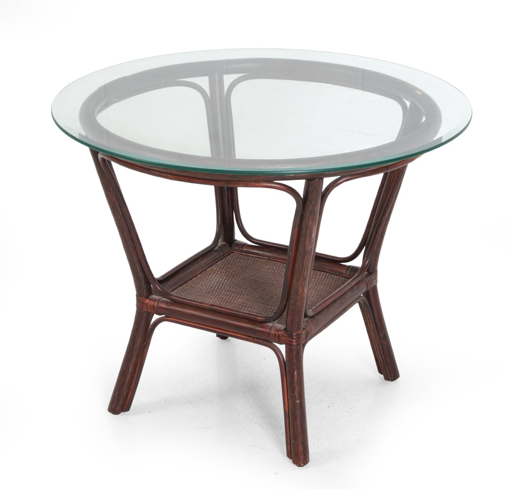 ITALIAN BAMBOO & GLASS SIDE TABLE: Bamboo and rattan side table with a round glass top. Italy, 20th century. Dimensions: H 23 " x Dia 29.75" Condition: Wear consistent with age and use. Scuffs and rubs to surface. K97