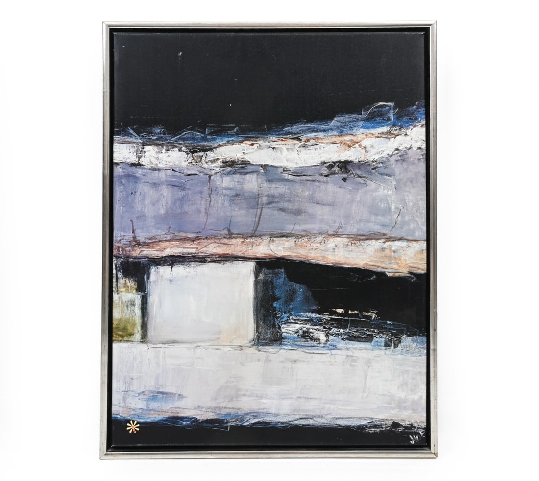 DANISH ABSTRACT O/C PAINTING: Signed lower right. Dimensions: (Frame) H 33.25" x W 25.5" (Canvas) H 31.5" x W 23.75" Condition: Wear consistent with age. Some paint loss to frame, white paint marks to back. K161