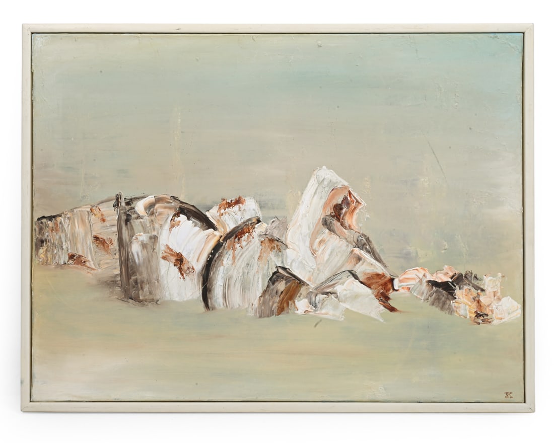 DANISH ABSTRACT OIL ON CANVAS PAINTING: Textured abstract painting with palette knife application. Initialed "K" lower right. Dimensions: (Frame) H 24.75" x W 32.75" (Canvas) H 23.5" x W 31.25" Condition: Wear consistent with age. Scuffs, r