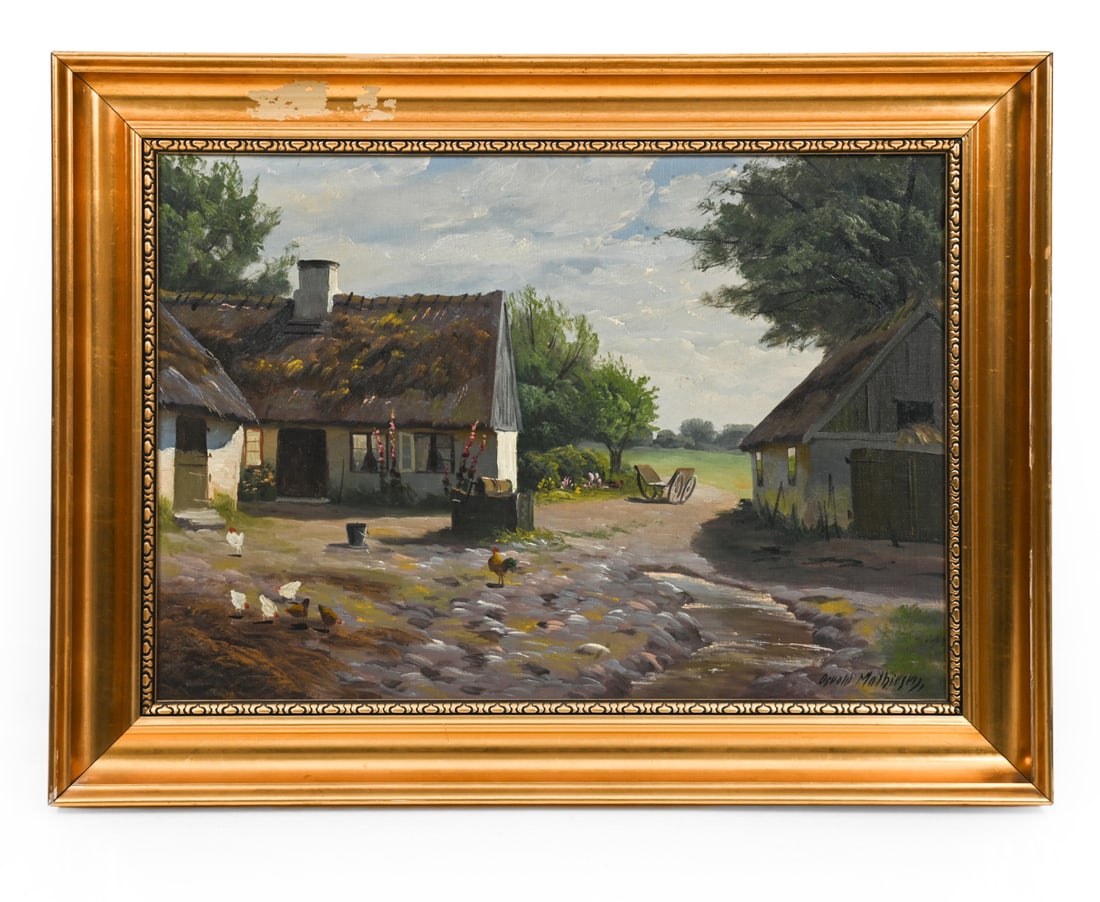 OSVALD MATHIESEN (DANISH, 1885-1972) LANDSCAPE O/C: Signed lower right. Country side farm scene with chickens and a well. Oil on canvas. Dimensions: (Frame) H 23.5" x W 31" (Canvas) H 17.5" x W 25" Condition: Wear consistent with age. Paint loss, disco