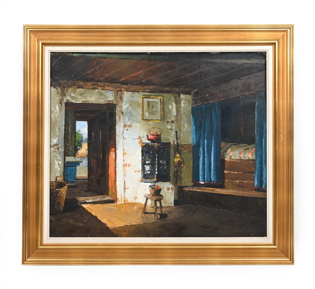 OSVALD RASMUSSEN (DANISH, 1885-1972) O/C PAINTING: Interior view of a rural home. Signed lower right. Oil on canvas. Dimensions: (Frame) H 30.5" x W 34.5" (Canvas) H 23.75" x W 27.75" Condition: Wear consistent with age. Scuffs to frame. K107