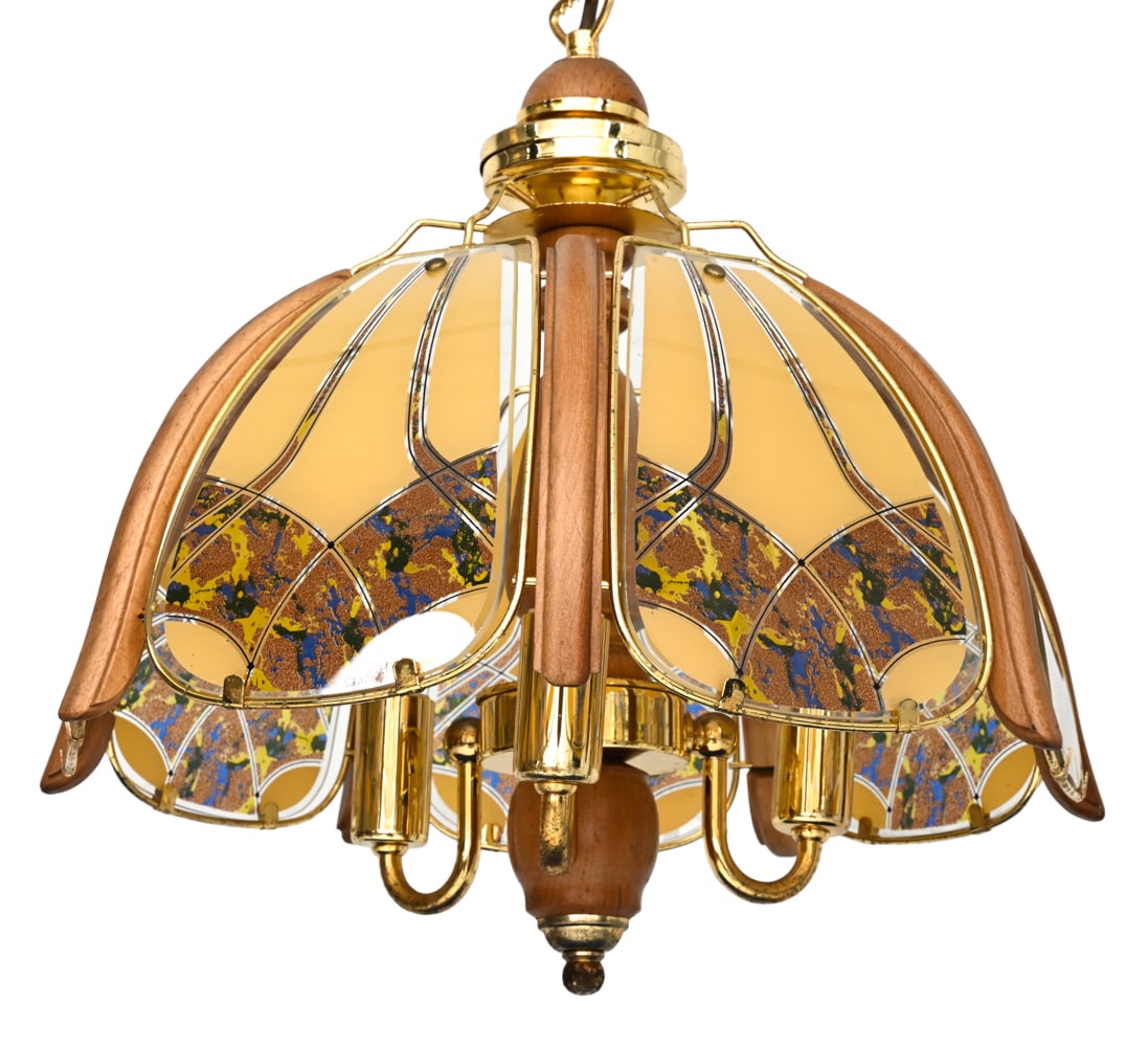 ATTR. ALFA RUSSIAN GLASS & BRASS PENDANT LIGHT: Glass with brass and wooden components. Apparently unmarked. Russia, 20th century. Dimensions: H 25" x W 15" Condition: Scuffs on wood, patina of metal. Wiring untested. Wear consistent with age and
