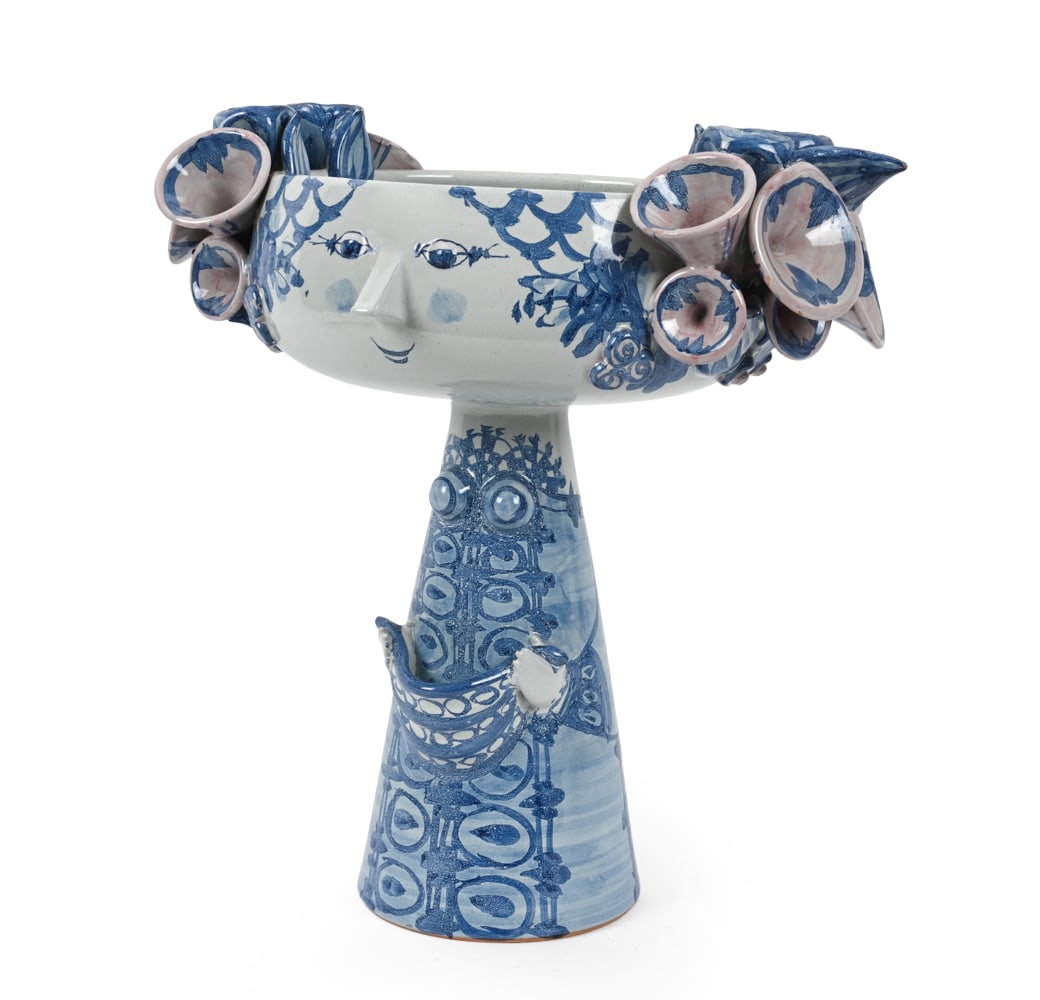 BJORN WIINBLAD "EVA" CENTERPIECE CERAMIC VASE: Hand-painted blue, white and pink glazed earthenware. Marked inside. Denmark, circa 1970s. Dimensions: H 16" x W 15" x D 11" Condition: Wear consistent with age and use. Some finish loss and minor gla