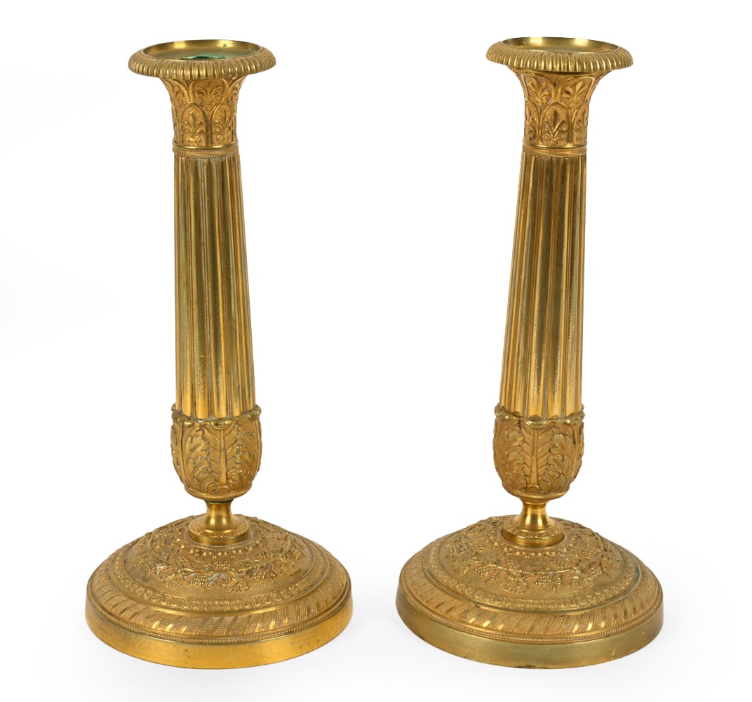 PAIR OF FRENCH EMPIRE GILT BRONZE CANDLESTICKS (1 of 10)
