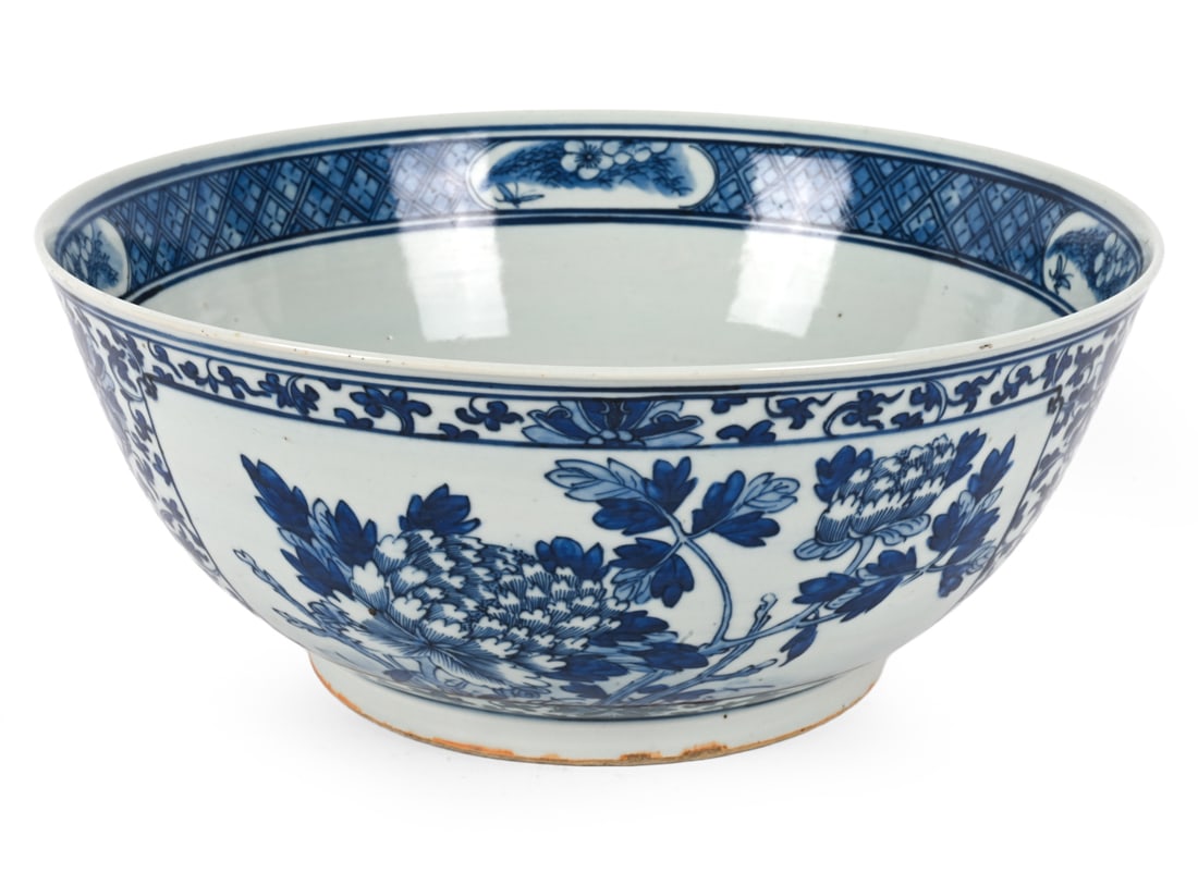 LARGE CHINESE BLUE AND WHITE PORCELAIN BOWL: Dimensions: H 6.25" x W 14.5" Condition: Discoloration. Wear consistent with age and use.
