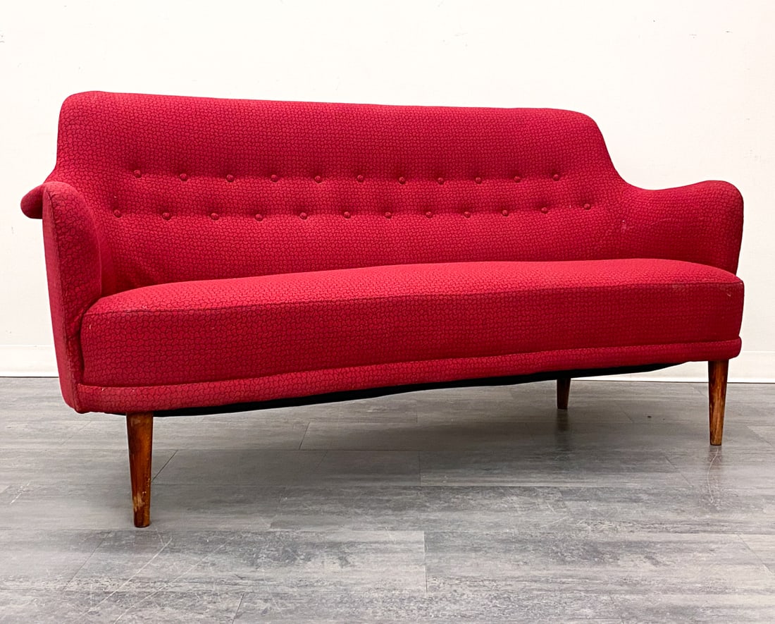 CARL MALMSTEN "SAMSAS" SWEDISH SOFA C. 1960S: Model "Samsas" designed Carl Malmsten for O. H. Sjogren. Tufted backrest and beech legs. Apparently unmarked. Sweden, circa 1960s. Dimensions: H 35.5" x W 72" x D 31" x SH 20" Condition: Wear consiste