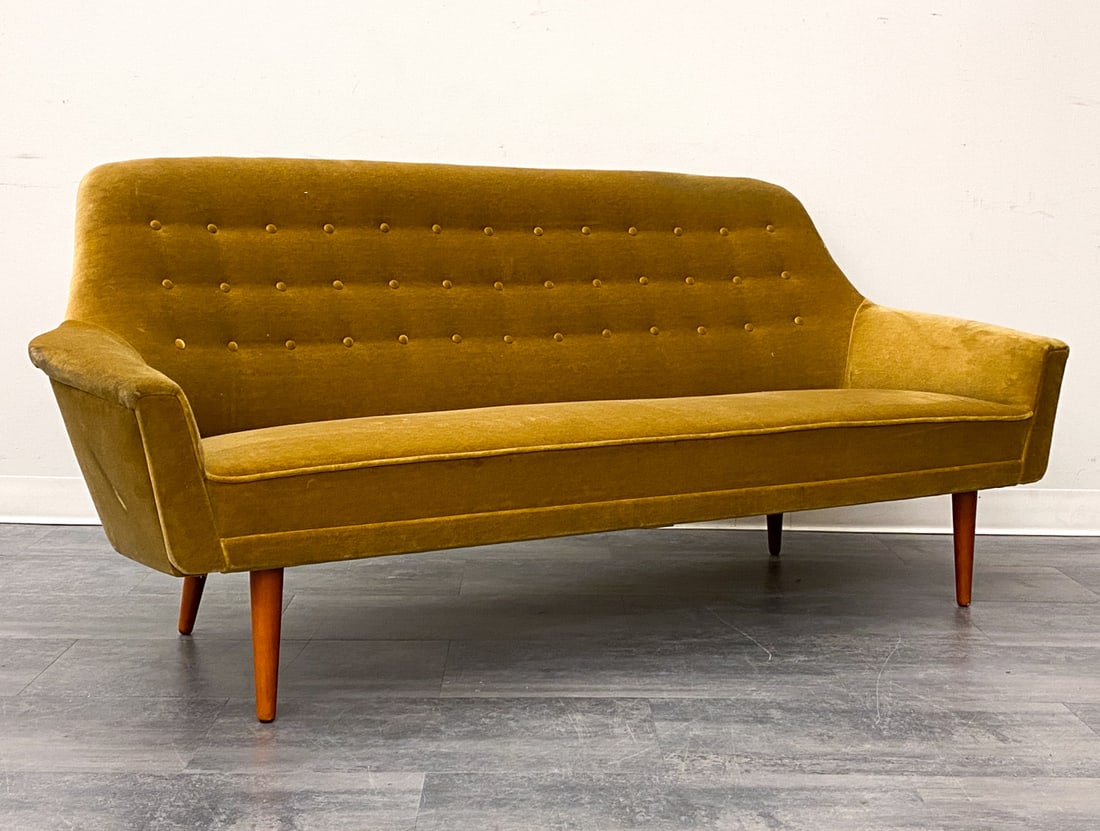 MALMSTEN STYLE SWEDISH VELOUR SOFA C. 1960S: Stained beech legs and velour upholstery. Sweden, circa 1960s. Dimensions: H 31.5 x W 71 x D 30 x SH 16 Condition: Wear consistent with age and use. Rubs, soiling, indentations to armrests, sides & ba