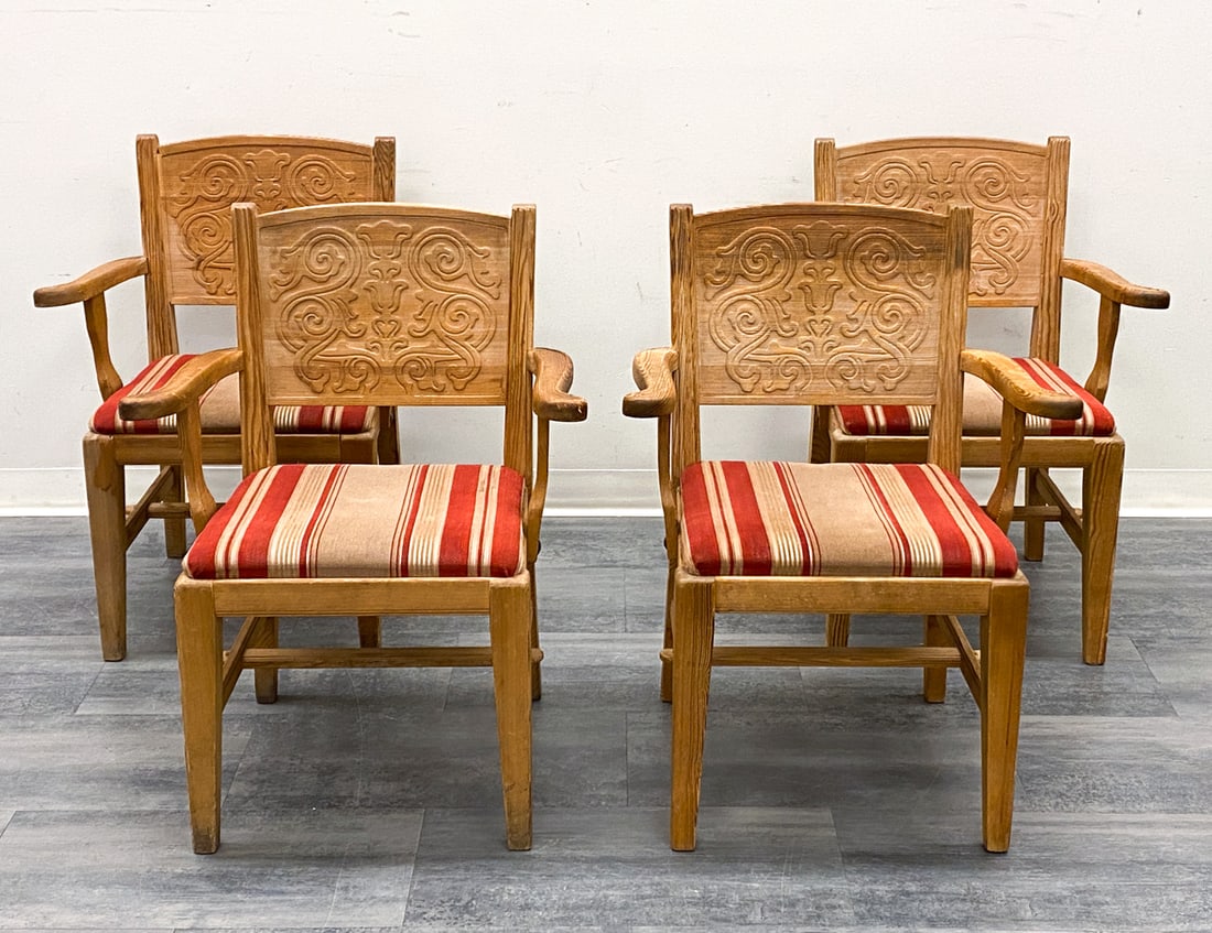 (4) KROGENAES NORWEGIAN PINE ARMCHAIRS 1970S: Carved pine frame and striped upholstered seats. Marked underneath. Norway, circa 1970s. Dimensions: H 33" x W 25.5" x D 21.5" SH 17.5 Condition: Wear consistent with age and use. Scuffs, rubs, fading