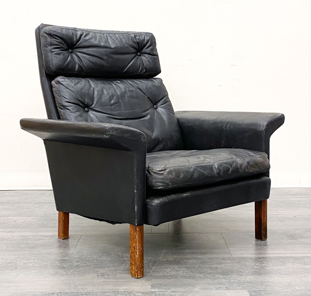 HANS OLSEN DANISH LEATHER LOUNGE CHAIR C. 1960S: For CS mobler. Leather upholstery and rosewood legs. Apparently unmarked. Denmark, circa 1960s. Dimensions: H 36" x W 35.5" x D 31" x SH 15" Condition: Wear consistent with age and use. Distress, fadi