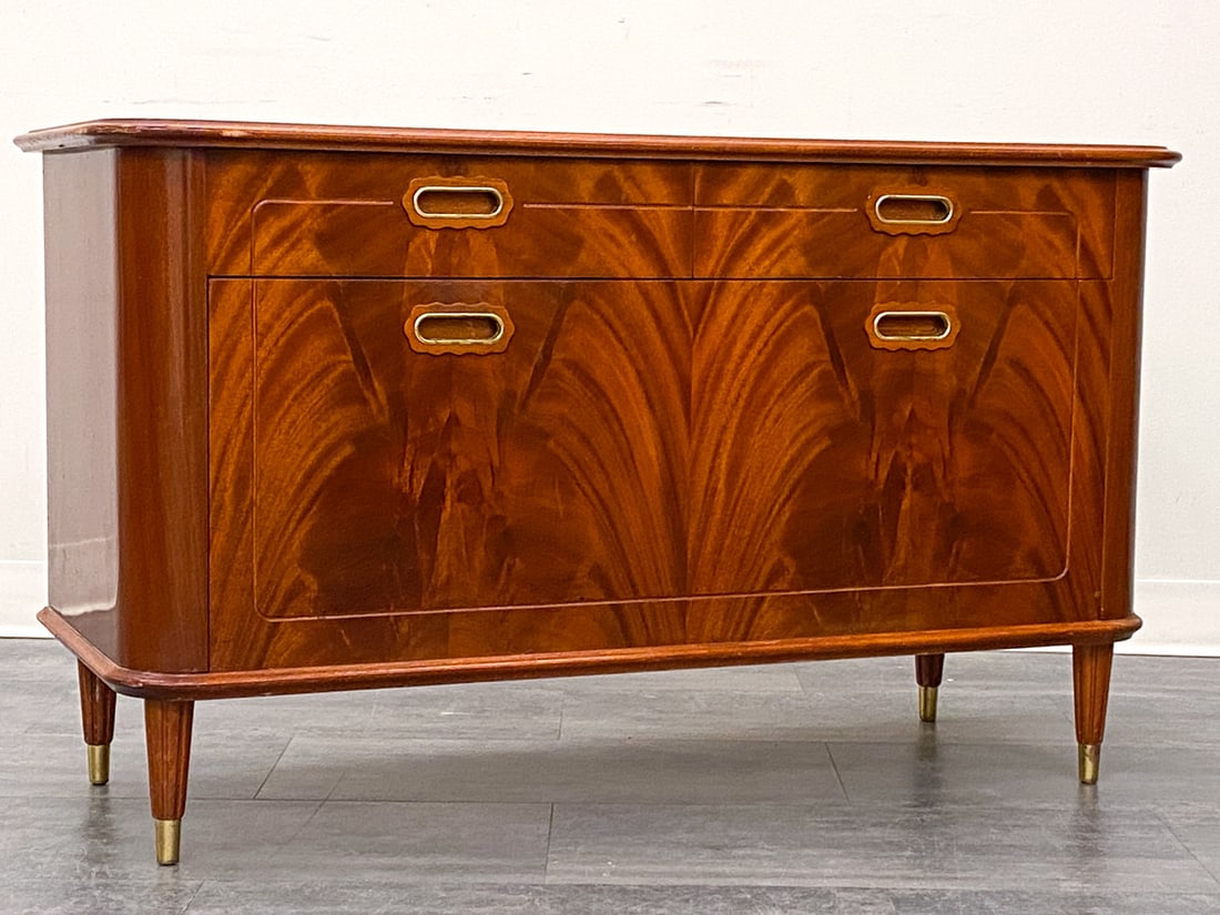 ART DECO SWEDISH MAHOGANY CHEST OF DRAWERS 1930S: Featuring a drop front and drawers. Sweden, circa 1930s. Dimensions: H 26" x W 45" x D 18" Condition: Wear consistent with age and use. Scuffs, rubs, scratches, nicks, minor dings to edges. Some