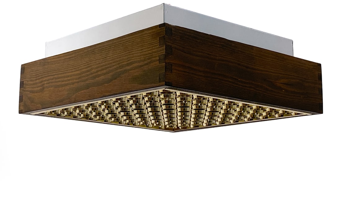 ATTR FAGERHULTS SWEDISH PINE & BRASS CEILING LIGHT: Apparently unmarked. Sweden, circa 1970s. Dimensions: H 4" x W 14" x D 14" Condition: Wear consistent with age and use. Untested, European plug. Scuffs, rubs.