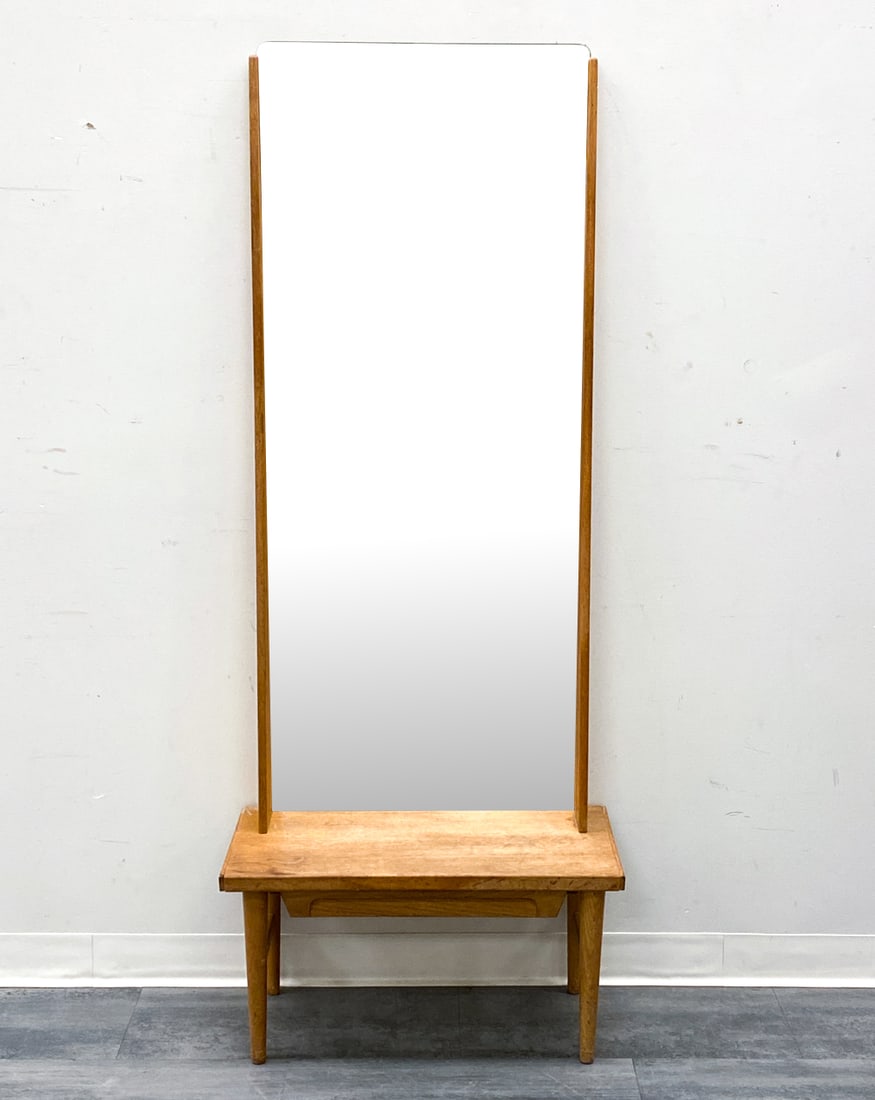 KURT OSTERVIG FOR EMMABODA OAK MIRROR & SIDE TABLE: For Emmaboda Mobelfabrik. Apparently unmarked. Mirror with side table. Sweden, circa 1960s. Dimensions: (Total) H 52" x W 27.5" x D 13.75" Condition: Wear consistent with age and use. Scuffs, rubs,