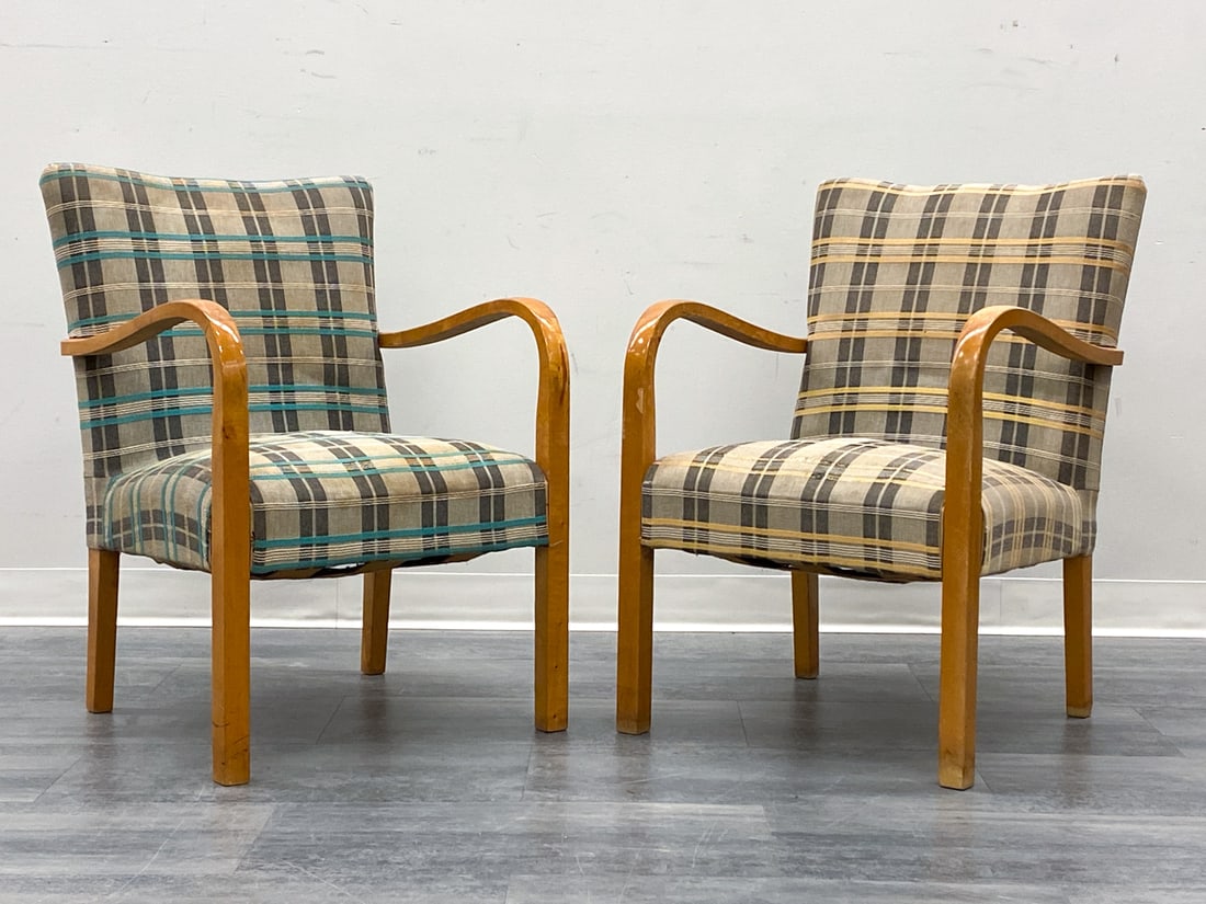 PAIR OF DANISH DECO STYLE LOUNGE CHAIRS C. 1940S: Bentwood beech armrests and striped upholstery. Denmark, circa 1940s. Dimensions: H 32" x W 22" x D 26" SH 18.5" Condition: Wear consistent with age and use. Scuffs, rubs, fading to armrests, nicks to