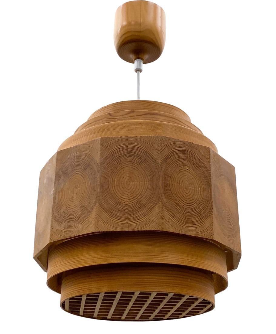 LEIF WINKER STYLE SWEDISH PINE PENDANT LAMP: Apparently unmarked. Sweden, circa 1960s. Dimensions: H 11.75" x Dia 13" Condition: Wear consistent with age and use. Untested. European plug. Scuffs, fading, signs of previous repair to shade.