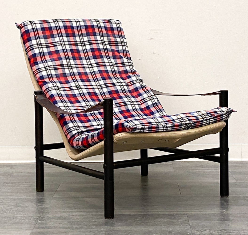 BROR BOIJE FOR DUX "JUNKER" SWEDISH LOUNGE CHAIR: Stained beech frame, leather armrests and striped upholstery. Apparently unmarked. Sweden, circa 1960s. Dimensions: H 34" x W 28.5" x D 39" SH 18" Condition: Wear consistent with age and use. Scuffs,
