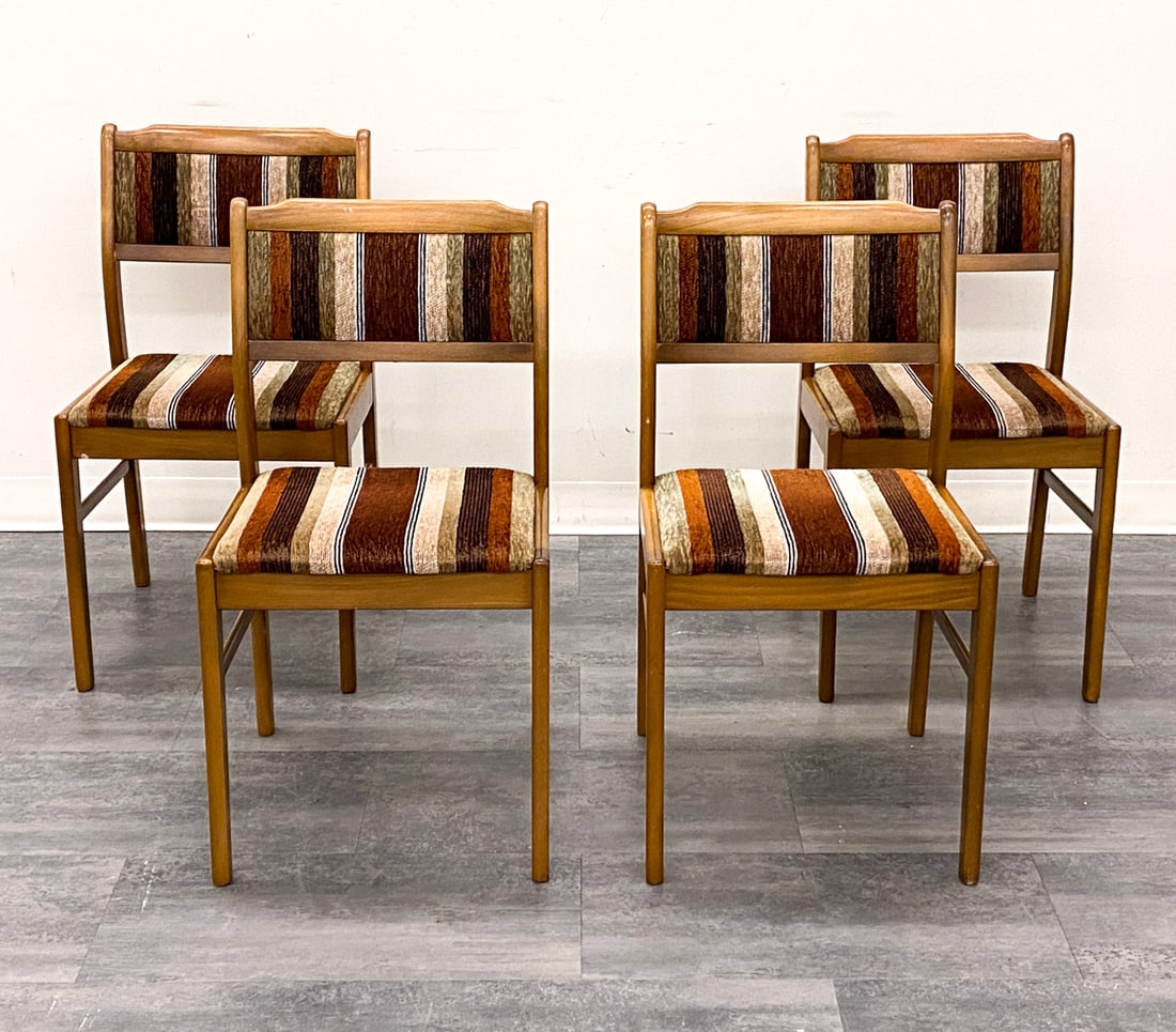 (4) SCANDINAVIAN DINING CHAIRS C. 1950S: Beech frame and striped upholstery. Scandinavian, circa 1950s. Dimensions: H 32" x W 17" x D 18" x SH 18" Condition: Wear consistent with age and use. Some scratches and rubs to one backrest. Scuffs,
