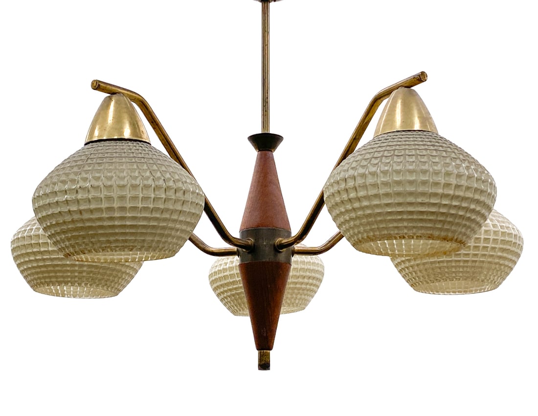 DANISH TEAK & GLASS CHANDELIER C. 1960S: Features brass arms, glass shades and teak accents. Denmark, circa 1960s. Dimensions: H 20.5" x Dia 24" Condition: Wear consistent with age and use. Untested European plug. Scuffs to accents, minor