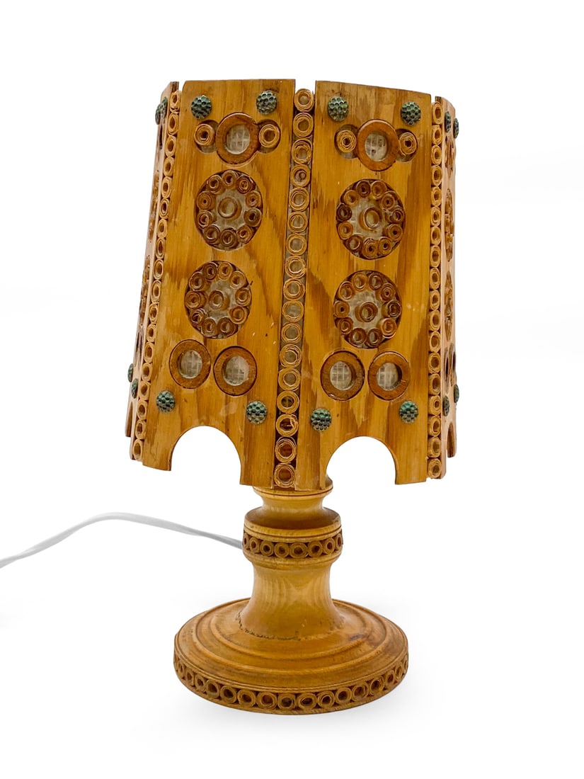 SWEDISH PINE TABLE LAMP C. 1970S: Sweden, circa 1970s. Dimensions: H 12.5" x Diameter 7.5" Condition: Wear consistent with age and use. Untested European plug. Signs of previous repair to base.