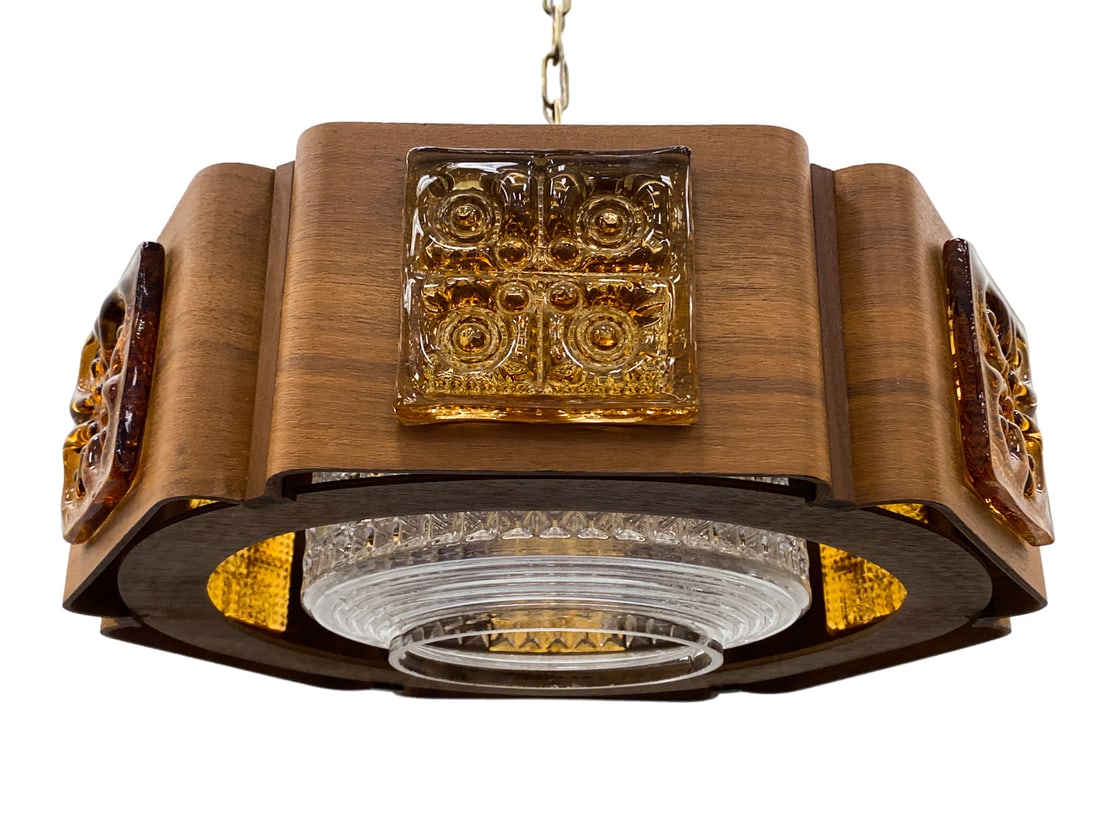 SWEDISH TEAK AND GLASS PENDANT LIGHT 1970S: Sweden, circa 1970s. Dimensions: H 45" x Dia 14" Condition: Wear consistent with age and use. Wiring untested. Some scuffs.