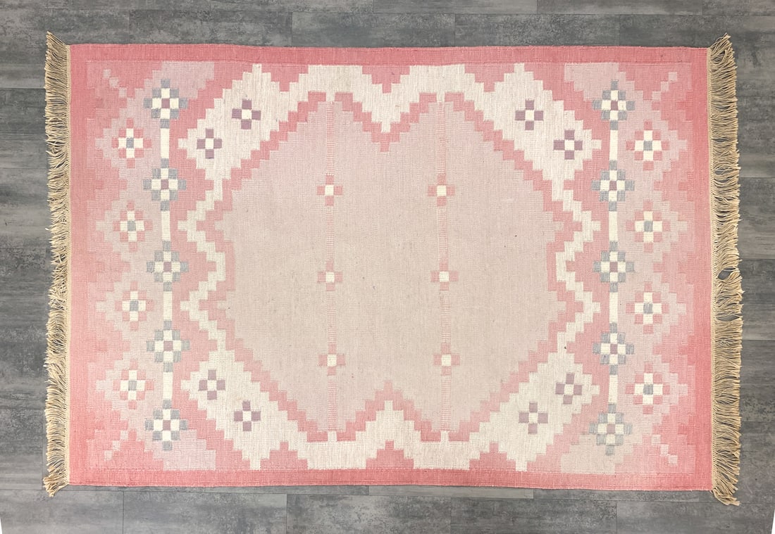 SWEDISH ROLLAKAN FLATWEAVE RUG C. 1960S: Dimensions: L 101.5" x W 66.25" Condition: Discoloration and losses to fringe & border. Fading to center. Wear consistent with age and use.