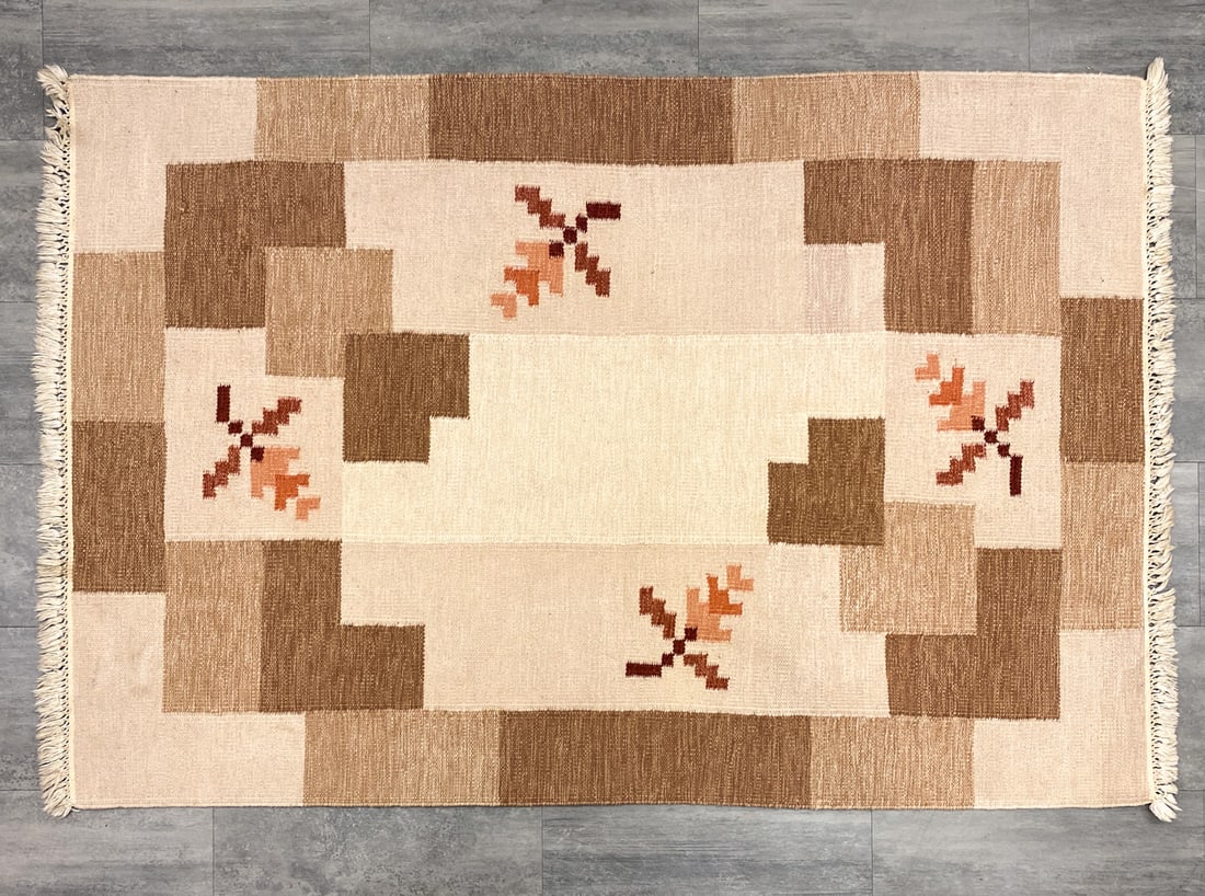 SWEDISH ROLLAKAN FLATWEAVE RUG C. 1960S: Dimensions: H 83" x W 54" Condition: Wear consistent with age and use. Minor discoloration to fringe.