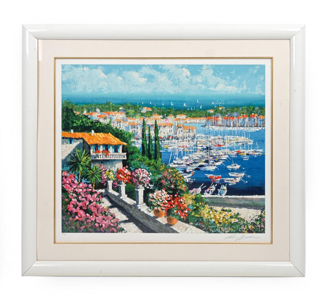 KERRY HALLAM (UK, 1937-2002) MEDITERRANEAN HARBOR: Print on paper, Signed, numbered CXL/CC (140/200) lower margin. Dimensions: (Frame) H 40.5" x W 45.5" (Sight) H 29.5" x W 34.5" Condition: Wear consistent with age. Frame cover is coming off at the