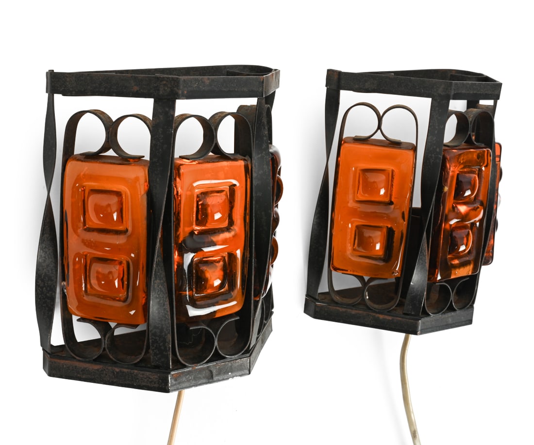 PAIR ERIK HOGLUND STYLE IRON & GLASS WALL SCONCES