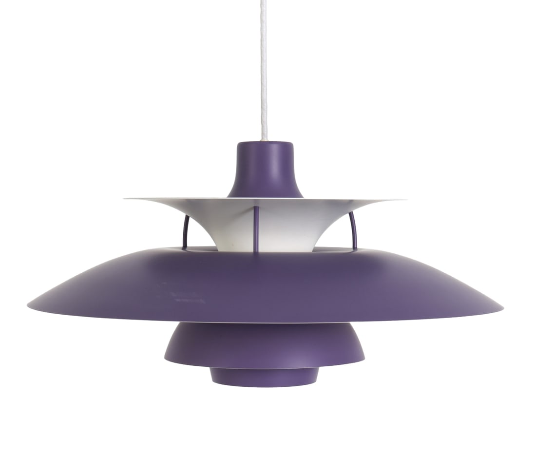 POUL HENNINGSEN LOUIS POULSEN "PH5" PENDANT LIGHT: Tiered multi-colored metal. Apparently unmarked. Denmark, circa 1960s. Dimensions: H 10.5" x W 19" Condition: Scuffs and slight loss to finish. Wiring untested. Wear consistent with age and use.