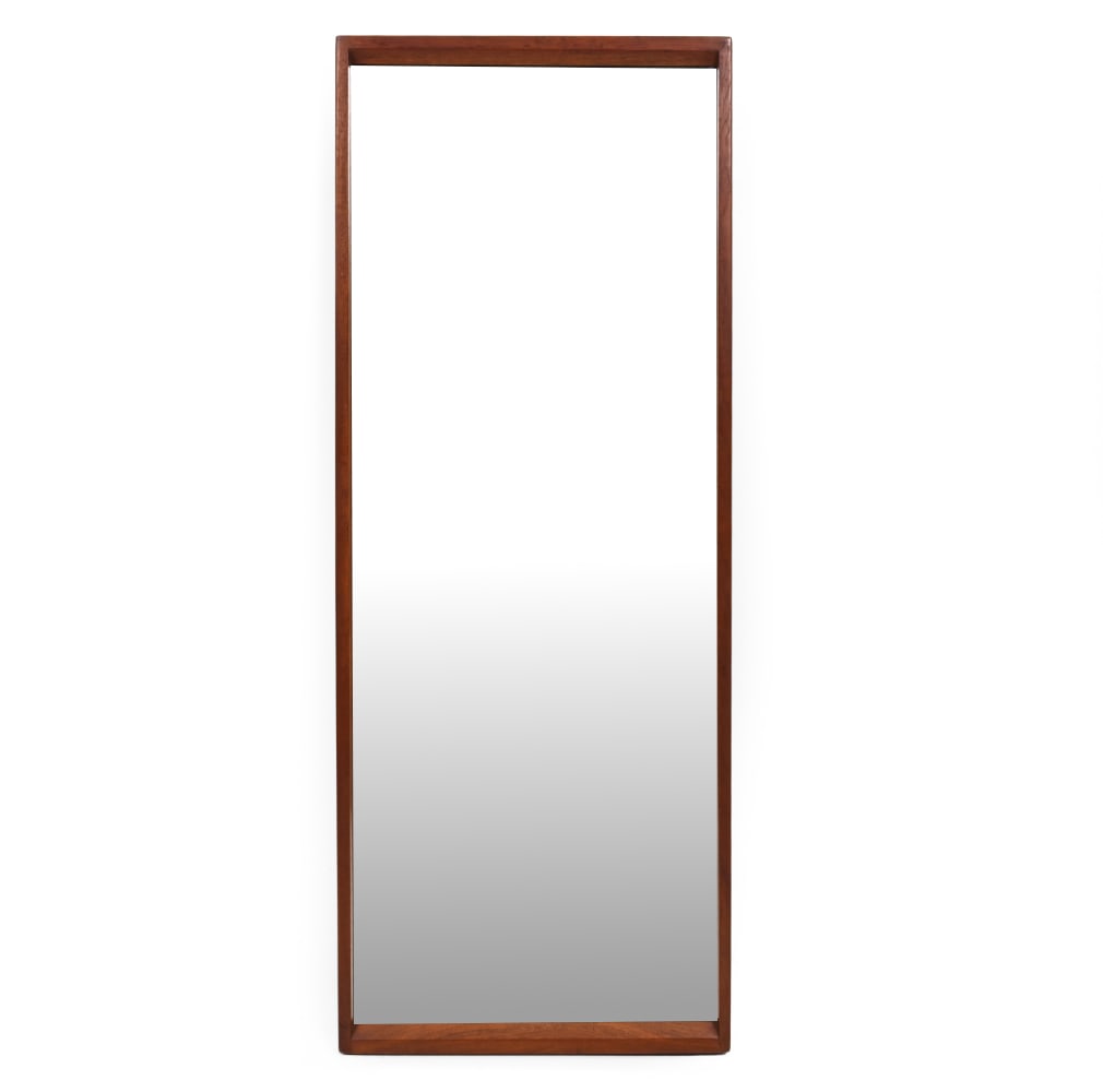 AKSEL KJERSGAARD DANISH TEAK WALL MIRROR C. 1960S: Marked to back. Denmark, circa 1960s. Dimensions: H 41.5" x W 16.5" Condition: Wear consistent with age and use. Minor scuffs to frame.
