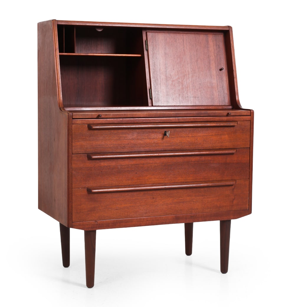 OLHOLM MOBELFABRIK TEAK SECRETARY CABINET 1960S: Included key. Teak frame. Marked AG Spejl glassmaker label to mirror. Denmark, circa 1960s. Dimensions: H 42.5'' x W 33.25" x D 17.5" Condition: Discoloration. Wear consistent with age and use. Surfac