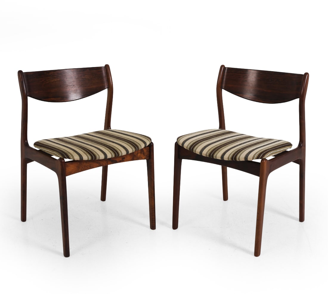 PAIR P. E. JORGENSEN FOR FARSO ROSEWOOD CHAIRS: PE Jorgensen for Farso Stolefabrik. Rosewood frame with striped upholstery. Marked underneath. Denmark, circa 1960s. Dimensions: H 30" x W 19" x D 19.35" x SH 18" Condition: Scuffs, scratches, and sli