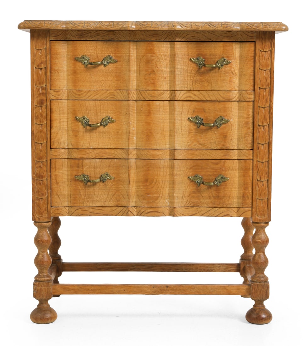 HENNING KJAERNULF DANISH OAK CHEST OF DRAWERS: Three drawers with brass pulls. Apparently unmarked. Denmark, circa 1960s. Dimensions: H 25'' x W 20" x D 12" Condition: Discoloration. Sun faded. Wear consistent with age and use, including some