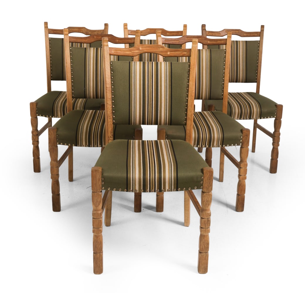 (6) STYLE OF KJAERNULF DANISH OAK DINING CHAIRS: Oak frame and stripe upholstery. Denmark, circa 1970s. Dimensions: H 37" x W 19" x D 18" x SH 17.5" Condition: Stains to seats, rubs and surface marks to wood. Wear consistent with age and use. F144