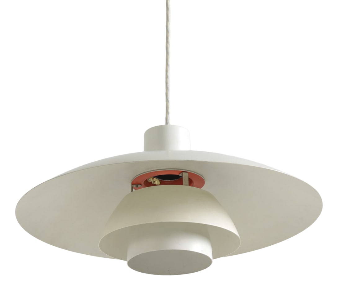 LOUIS POULSEN DANISH PENDANT LIGHT 1970S: Apparently unmarked. White-finished tiered aluminum lamp. Denmark, circa 1970s. Dimensions: H 8" x W 17" Condition: Scuffs, discoloration. Wiring untested. No canopy, Wear consistent with age and use.