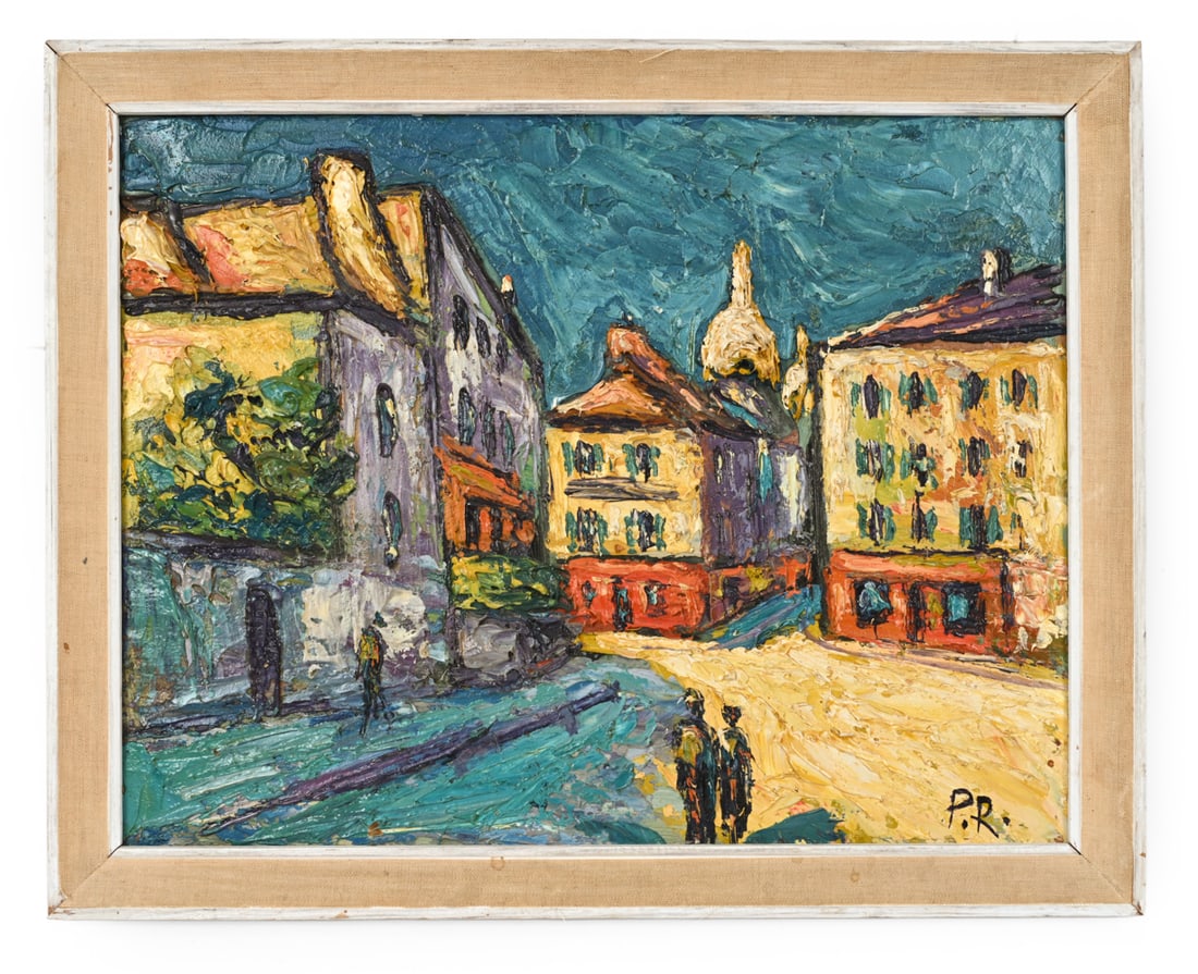 PREBEN RASMUSSEN (DANISH, 1919-1971) PARIS SCENE: Signed lower right. Oil on board. Dimensions: (Frame) H 15.75" x W 19.75" (Canvas) H 13" x W 17" Condition: Wear consistent with age. Scuffs, paint loss to frame. Minor paint loss to canvas.