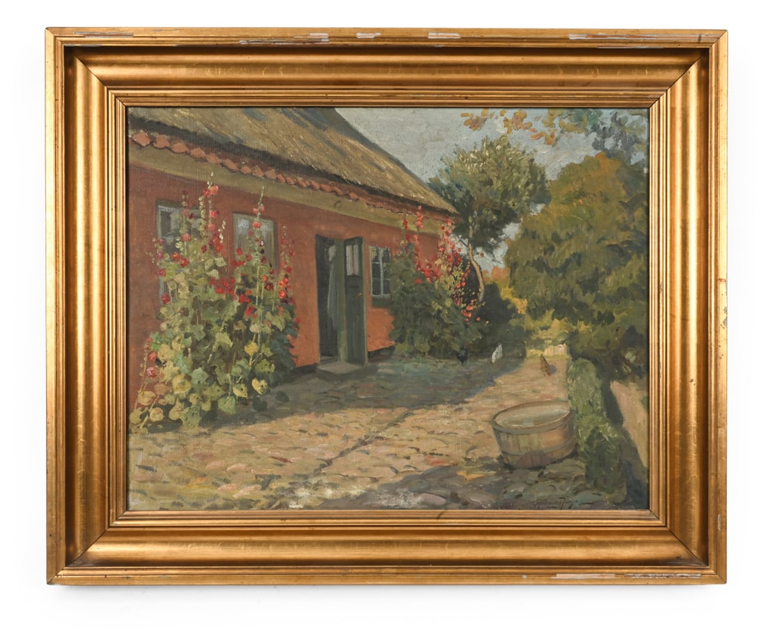 CARLO HORNUNG JENSEN (DANISH, 1882-1960) LANDSCAPE: Signed and dated 1921 lower right. Oil on canvas. Dimensions: (frame) H 21" x W 25.5" (sight) H 15.75" x W 20.25" Condition: Scuffs and chips to frame. Wear consistent with age.