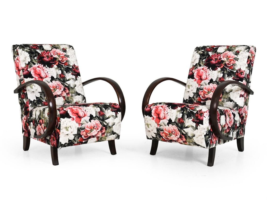 PAIR JINDRICH HALABALA FOR UP ZAVODY LOUNGE CHAIRS: Bentwood frame with floral upholstery. Apparently unmarked. Czechoslovakia, circa 1950s. Dimensions: H 33.5 " x W 25 " x D 31.25" x SH 16.5" Condition: Discoloration/ sun fading to arm rests. Paint