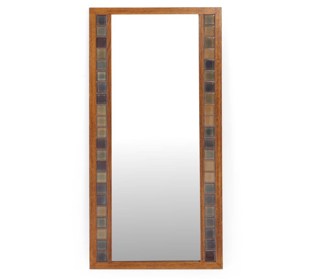 DANISH OAK & TILE WALL MIRROR C. 1970S: Denmark, circa 1970s. Dimensions: H 44.75" x W 23.5" Condition: Wear consistent with age. Some fading, scuffs, nicks. minor soiling and paint spots to frame. 5098