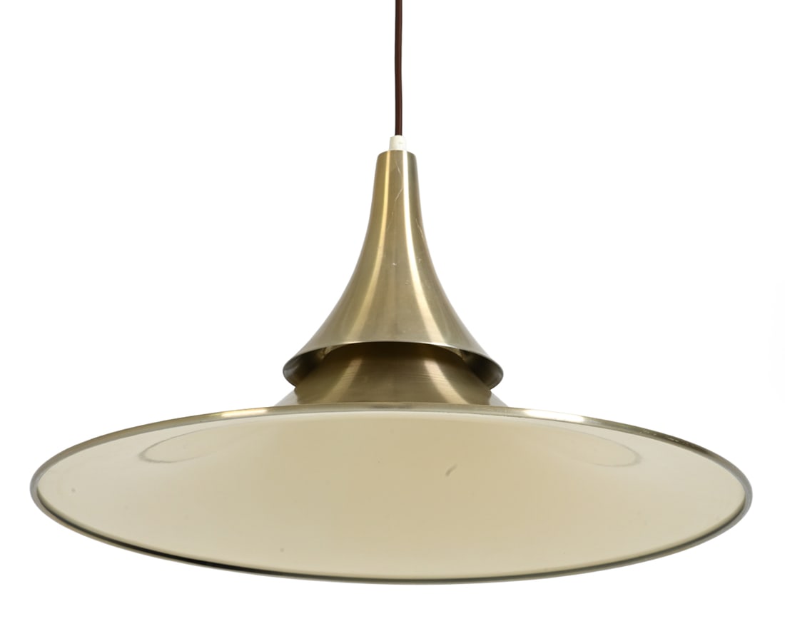 FOG & MORUP STYLE DANISH BRASS PENDANT LIGHT: Brass finish metal shade, Denmark, 20th century. Dimensions: H 9" x W 19.25" Condition: Scuffs and scratches. Wiring untested. Cord cut. Wear consistent with age and use. 5129
