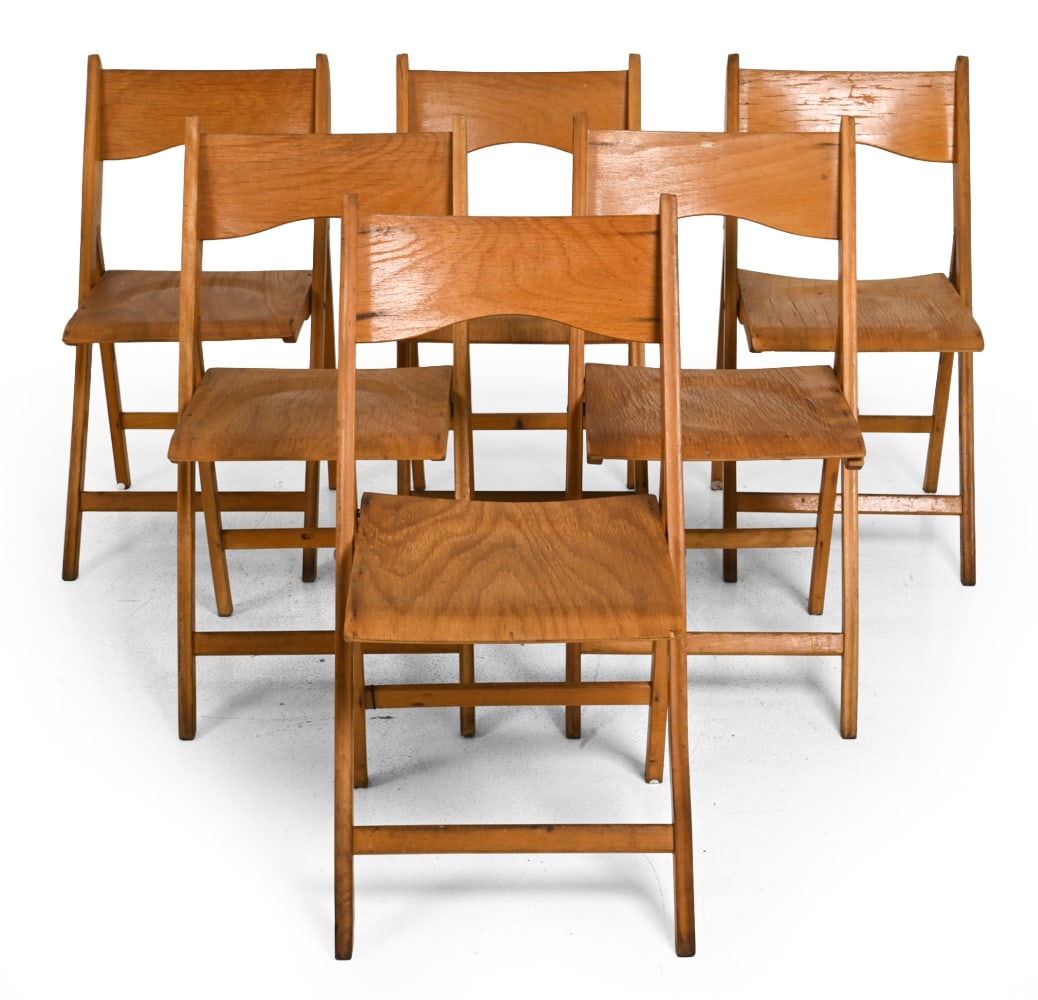 (6) HANDY DANISH BEECH FOLDING CHAIRS C. 1960S: Stamped on the underside: "Handy / Made in Denmark." circa 1960s. Dimensions: H32.75 " x W 17.25" x D 21.25" x SH 18.25" Condition: Water stains/discoloration to seats. Surface marks and some scuffs