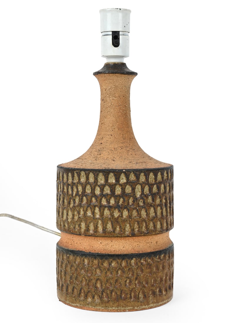 AXELLA DANISH CERAMIC TABLE LAMP C. 1960S: Signed underneath. Denmark, circa 1960s. Dimensions: H 14.5" x Dia 6.25" Condition: Wiring untested, cord cut. Shade not included. Some surface marks and scratches. Wear Consistent with age and use.