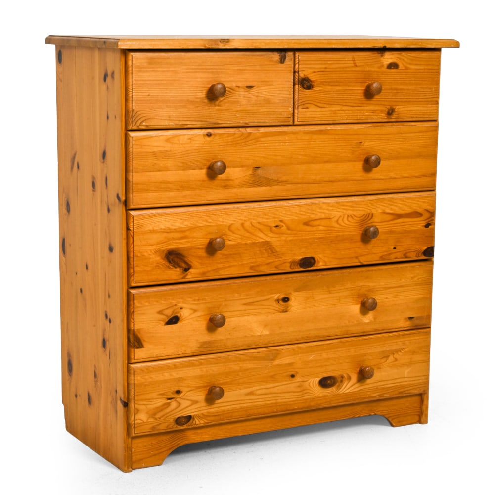 DANISH PINE CHEST OF DRAWERS C. 1960S: Six-drawer chest with round pulls. In pine. Denmark, circa 1960s. Dimensions: H 35.75" x W 33" x D 16" Condition: Scuffs and marks to front. Scratch to top surface. Wear consistent with age and use.
