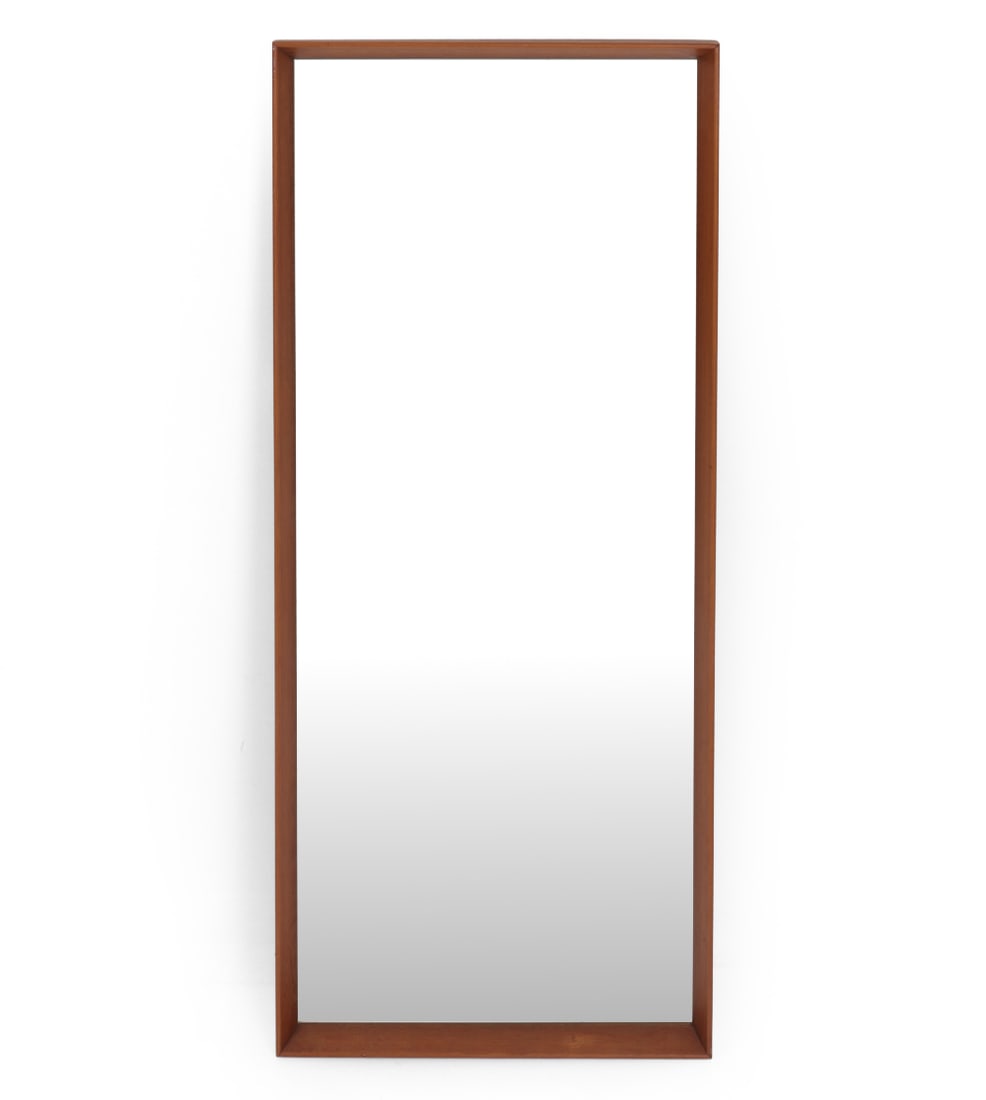 DANISH TEAK WALL MIRROR C. 1960S: Denmark, circa 1960s. Dimensions: H 46.5" x W 19.75" Condition: Wear consistent with age. Desilvering to mirror. Paper tape attached to back. Scuffs to frame. 5096 0